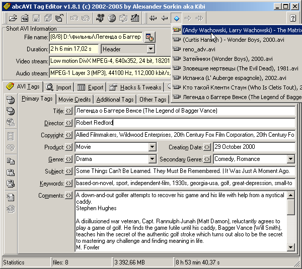 Screenshot of abcAVI Tag Editor 1.8.1.127